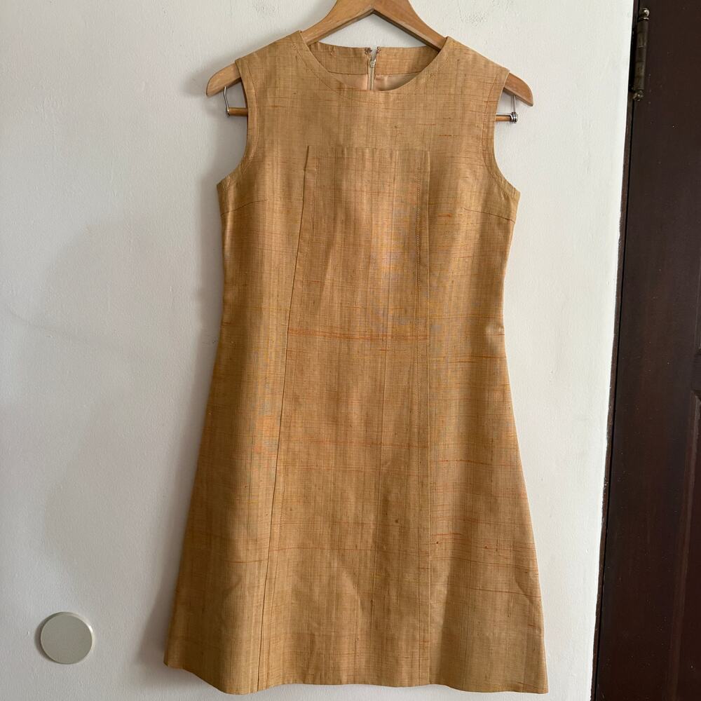 1960s Vintage Handmade Mustard Yellow Slub Shift Dress Mini Dress Mod Minimalist